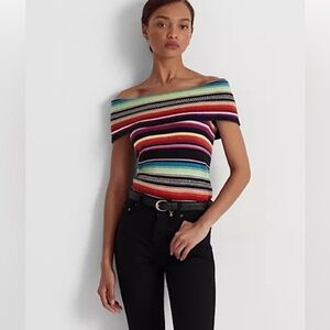 Lauren Ralph Lauren Striped Multi Color Off the Shoulder Sweater Size Small